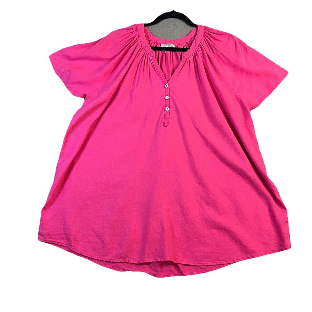 Heroes & Dreamers Pink Linen Blend Henley Short Sleeve Popover Top Women Size 3X